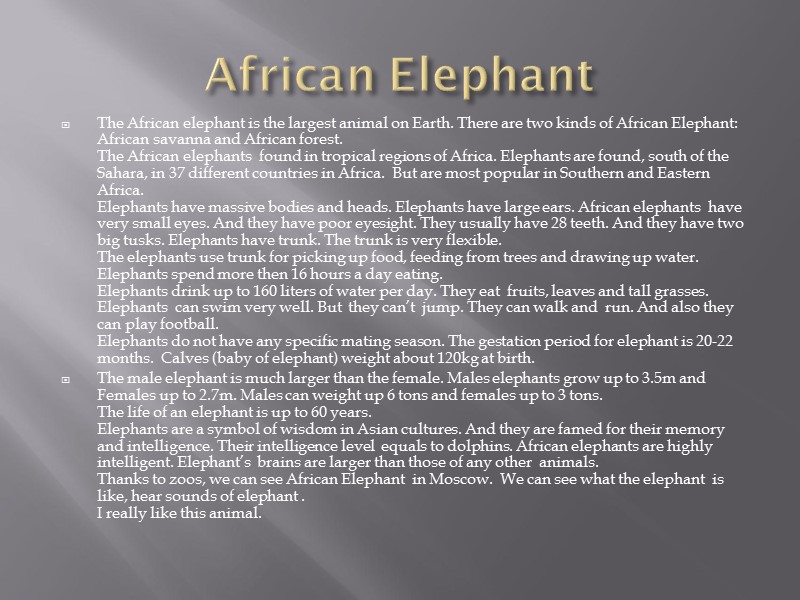 African Elephant The African elephant is the largest animal on Earth. There are two